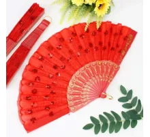 12 li Kırmızı Plastik Pullu Kumaş Yelpaze