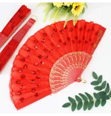 12 li Kırmızı Plastik Pullu Kumaş Yelpaze