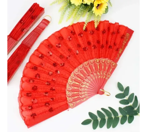 12 li Kırmızı Plastik Pullu Kumaş Yelpaze