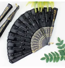 12 li Siyah Plastik Pullu Kumaş Yelpaze