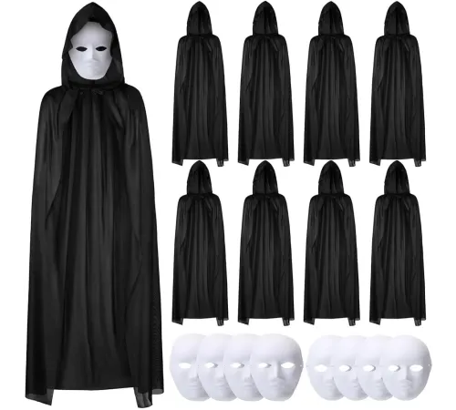 120 cm Siyah Kapüşonlu Pelerin ve Boyanabilir Karton Maske 8’li Set
