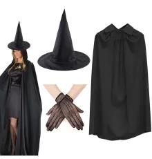 120 cm Siyah Yakalı Cadı Pelerini Cadı Şapkası ve 1 Çift Siyah Kısa File Tüm Eldiven Seti 3 Parça