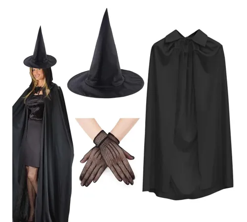 120 cm Siyah Yakalı Cadı Pelerini Cadı Şapkası ve 1 Çift Siyah Kısa File Tüm Eldiven Seti 3 Parça