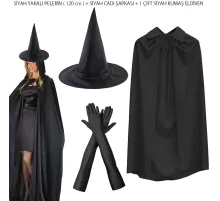 120 cm Siyah Yakalı Cadı Pelerini Cadı Şapkası ve 1 Çift Siyah Kumaş Eldiven Seti 3 Parça
