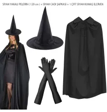 120 cm Siyah Yakalı Cadı Pelerini Cadı Şapkası ve 1 Çift Siyah Kumaş Eldiven Seti 3 Parça