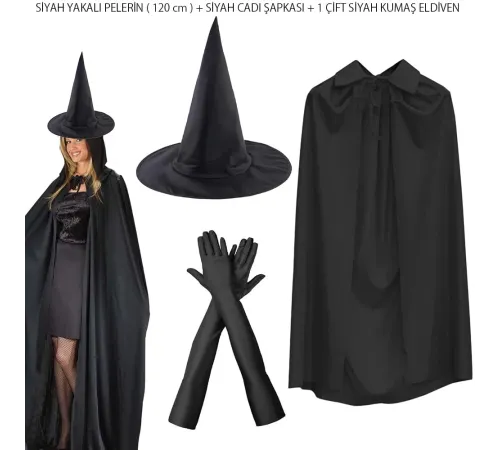 120 cm Siyah Yakalı Cadı Pelerini Cadı Şapkası ve 1 Çift Siyah Kumaş Eldiven Seti 3 Parça