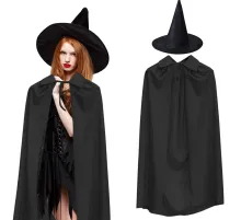 120 cm Siyah Yakalı Pelerin ve Siyah Cadı Şapkası Kostüm Seti