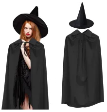 120 cm Siyah Yakalı Pelerin ve Siyah Cadı Şapkası Kostüm Seti