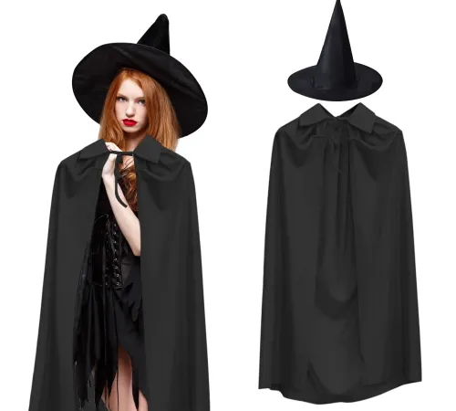 120 cm Siyah Yakalı Pelerin ve Siyah Cadı Şapkası Kostüm Seti