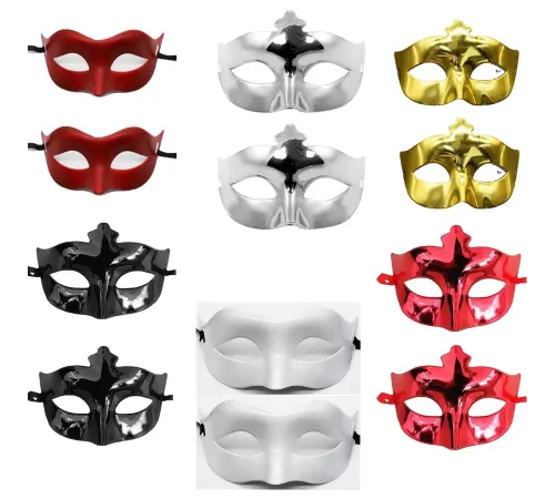 12’li Renkli Parti Maskesi Seti – Siyah Gold Gümüş Kırmızı Beyaz Mat Kırmızı