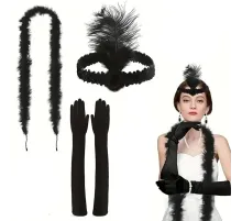 1920 ler Tarzı Siyah Tüylü Saç Bandı Rugan Siyah Eldiven ve Siyah Otri̇ş Seti