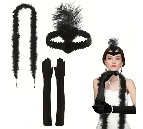 1920 ler Tarzı Siyah Tüylü Saç Bandı Rugan Siyah Eldiven ve Siyah Otri̇ş Seti