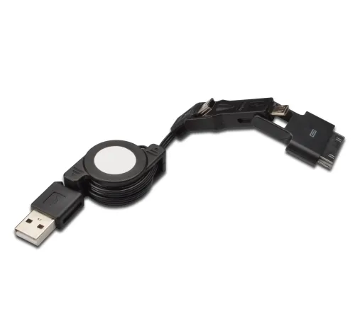3 in 1 Makaralı Kablo, Samsung 30pin erkek <-> micro USB B erkek + mini USB B erkek + USB A, 0.75 metre, USB 2.0 uyumlu, AWG30, 2x zırhlı