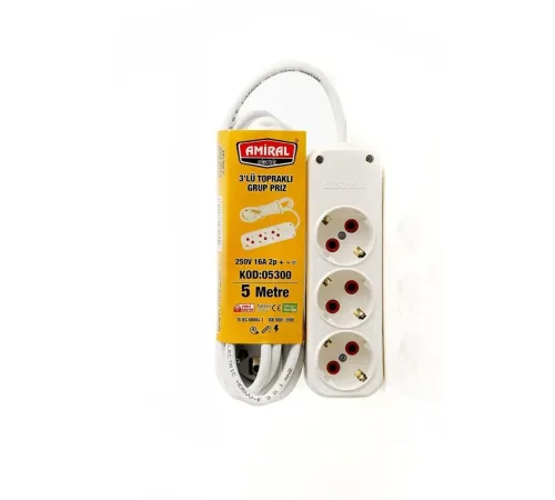 3 lü Topraklı 5 Metre Kablolu Grup Priz