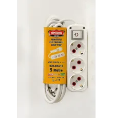 3 lü Topraklı Anahtarlı 5 Metre Kablolu Grup Priz