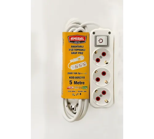 3 lü Topraklı Anahtarlı 5 Metre Kablolu Grup Priz