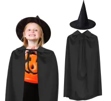 90 cm Siyah Yakalı Pelerin ve Siyah Cadı Şapkası Kostüm Seti