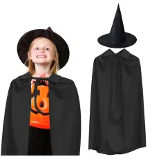 90 cm Siyah Yakalı Pelerin ve Siyah Cadı Şapkası Kostüm Seti