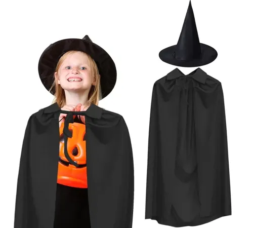 90 cm Siyah Yakalı Pelerin ve Siyah Cadı Şapkası Kostüm Seti