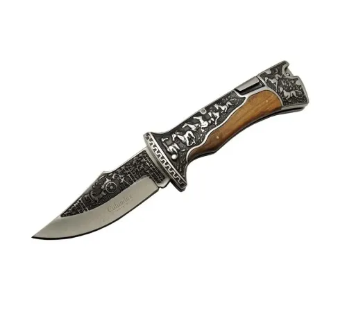 A3189C Kahve Kamp Çakısı 23cm- Manuel, At İşlemeli Ahşap Sap, Özel Kutulu, Kılıflı