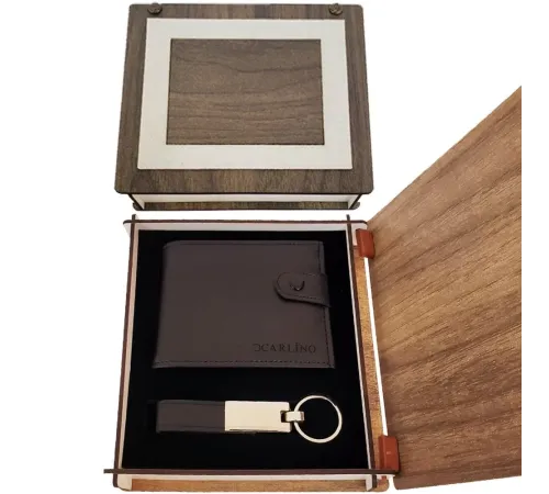 Ahşap Kutulu Anahtarlık ve Cüzdan Set