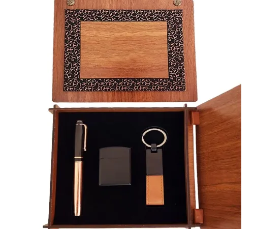 Ahşap Kutulu Bakır Roller Kalem Taba Renk Anahtarlık ve Çakmak Set