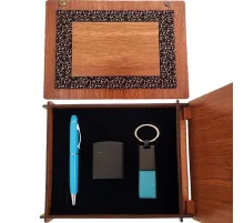 Ahşap Kutulu Çakmak ve Mavi Kalem Anahtarlık Set