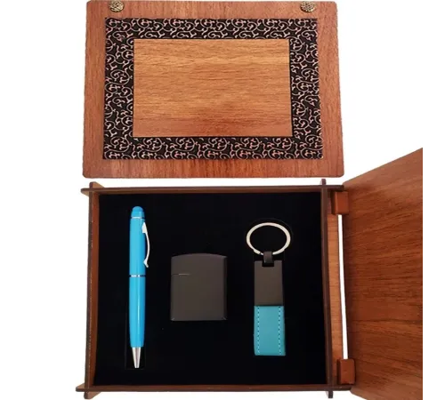 Ahşap Kutulu Çakmak ve Mavi Kalem Anahtarlık Set