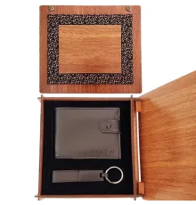 Ahşap Kutulu Cüzdan ve Mat Siyah Anahtarlık