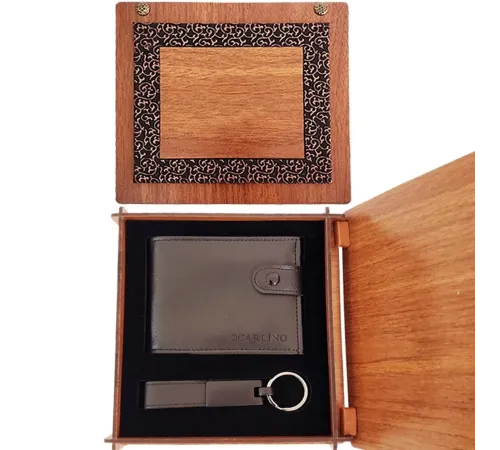 Ahşap Kutulu Cüzdan ve Mat Siyah Anahtarlık