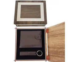 Ahşap Kutulu Deri Cüzdan Anahtarlık Set