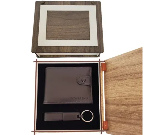 Ahşap Kutulu Deri Cüzdan Anahtarlık Set