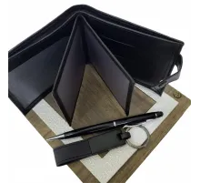 Ahşap Kutulu Erkeğe 3'lü Kalem Cüzdan Anahtar Hediye Seti