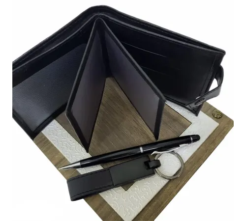 Ahşap Kutulu Erkeğe 3'lü Kalem Cüzdan Anahtar Hediye Seti