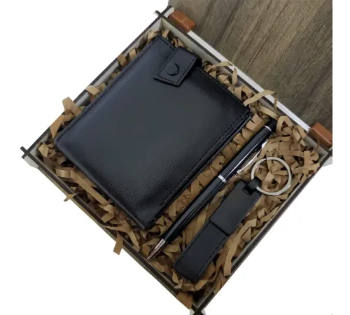 Ahşap Kutulu Erkeğe 3'lü Kalem Cüzdan Anahtar Hediye Seti