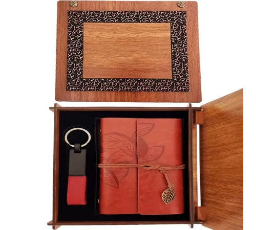 Ahşap Kutulu Kahve Deri Defter ve Anahtarlık Set