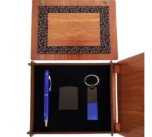 Ahşap Kutulu Mavi Kalem Anahtarlık ve Çakmak Set