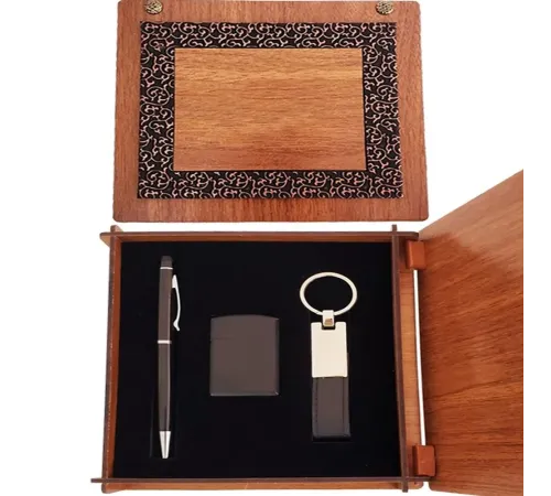 Ahşap Kutulu Siyah Kalem Anahtarlık ve Mat Çakmak