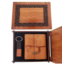 Ahşap Kutulu Taba Renk Deri Defter Anahtarlık Set