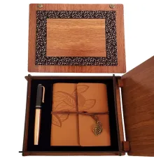 Ahşap Kutulu Taba Renk Deri Defter ve Kalem Set