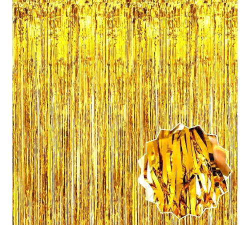 Altın Gold Renk Ekstra Metalize Parlak Saçaklı Arka Fon Perde İthal 1x2 Metre