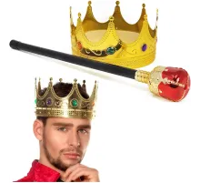 Altın Renk 60 cm Kral Tacı Kraliyet Tacı ve Kırmızı Topuzlu Kral Asası Seti