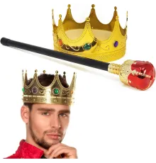 Altın Renk 60 cm Kral Tacı Kraliyet Tacı ve Kırmızı Topuzlu Kral Asası Seti
