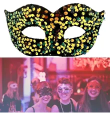 Altın Renk Arkadan Lastikli Pul Payet İşlemeli Balo After Parti Maskesi