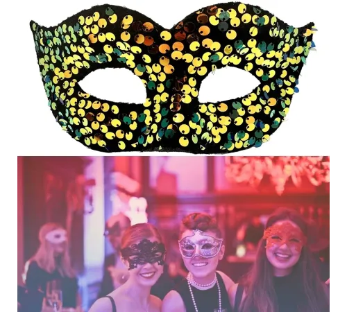 Altın Renk Arkadan Lastikli Pul Payet İşlemeli Balo After Parti Maskesi