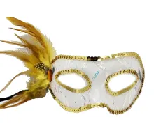 Altın Renk Yandan Tüylü Pul Payet İşlemeli Parti Maskesi 23x12 cm