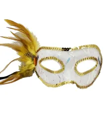 Altın Renk Yandan Tüylü Pul Payet İşlemeli Parti Maskesi 23x12 cm