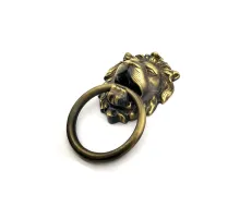 Antika Tarz Dekoratif Pirinç Aslan Kapı Tokmağı, Taktak - 102x130 mm, Antik