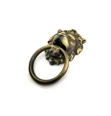 Antika Tarz Dekoratif Pirinç Aslan Kapı Tokmağı, Taktak - 102x130 mm, Antik