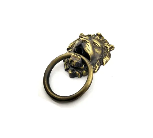 Antika Tarz Dekoratif Pirinç Aslan Kapı Tokmağı, Taktak - 102x130 mm, Antik